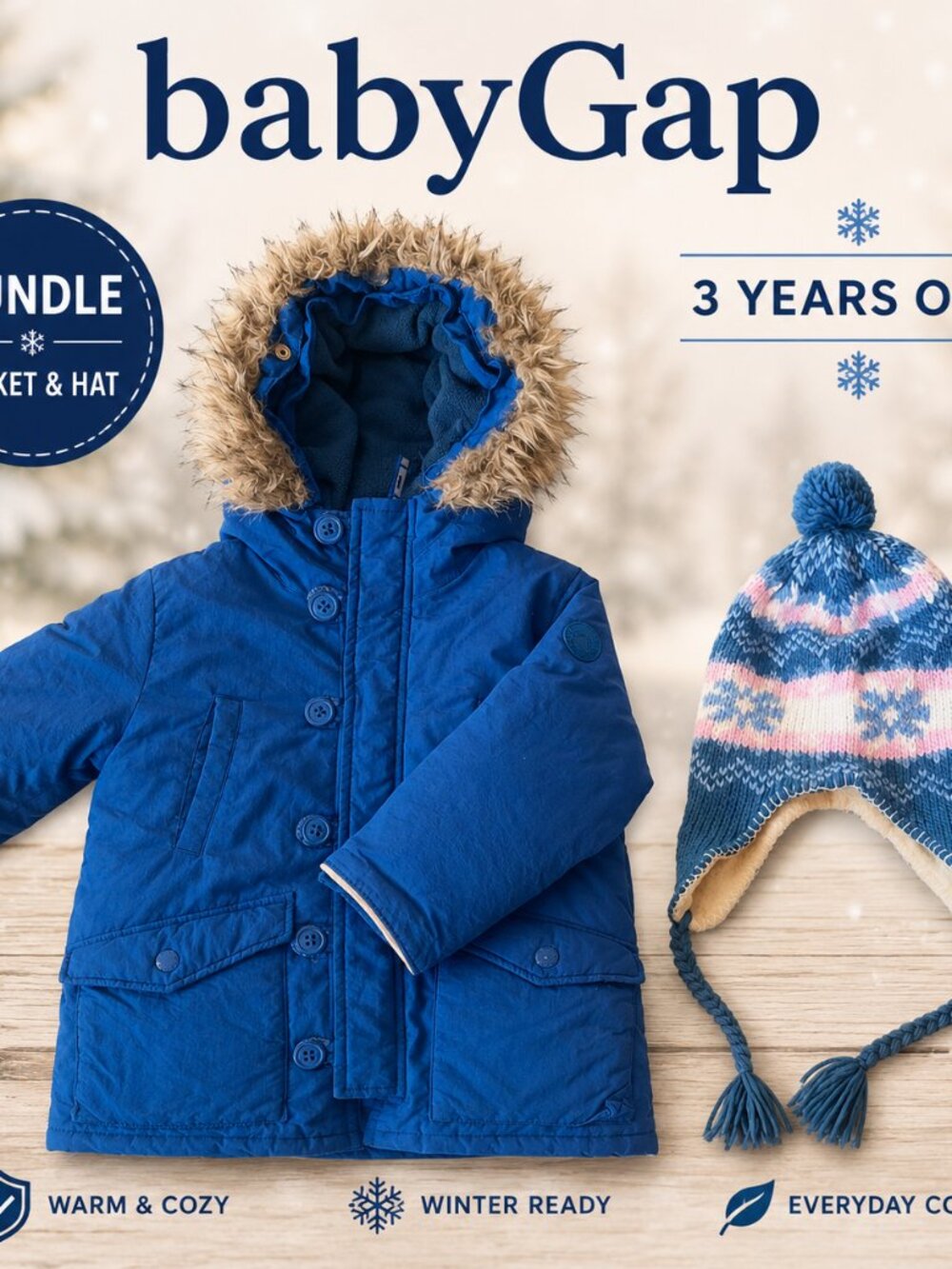 Baby Gap Boys 3T Blue Winter Parka Coat & Knit Hat Bundle